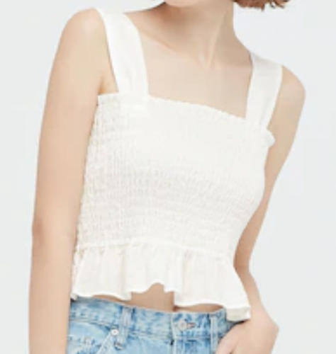 Uniqlo Womens Cropped Tops Smocked Cotton Ruffles Straps White 2XL Blouse Cute - Picture 3 of 8