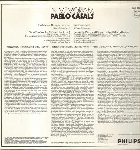 PABLO CASALS, BEETHOVEN SONATE & TRIO LP 1973 PHILIPS 6833 054 STEREO - Picture 2 of 2