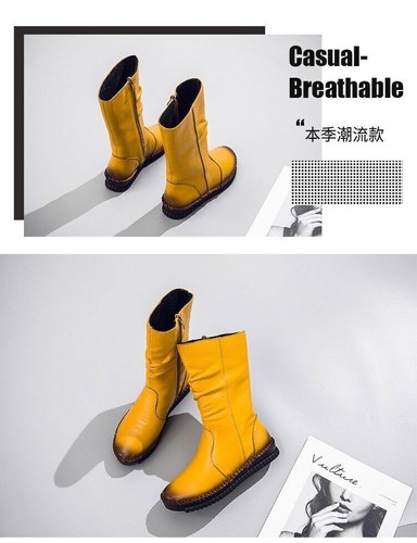 Damen Herbst Leder Stiefel Retro Halbhohe Stiefel Flache Schuhe Echtleder Stiefel - Bild 24 von 26