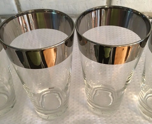 7 Vintage Tumblers Glasses Barware Silver Stripe Mid Century Modern - Picture 3 of 12