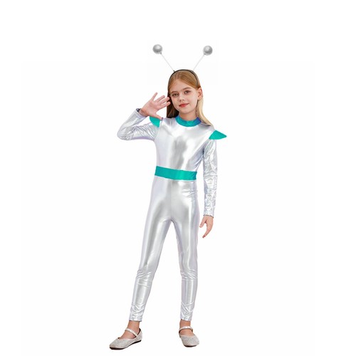 Mädchen Halloween Alien Kostüm Holographischer Ganzkörperanzug mit Haarreif Set - Bild 17 von 29