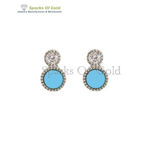 Pendientes Doble Punto Turquesa Diamante Natural Oro Amarillo 14k Joyería Fina Gif - Imagen 4 de 4