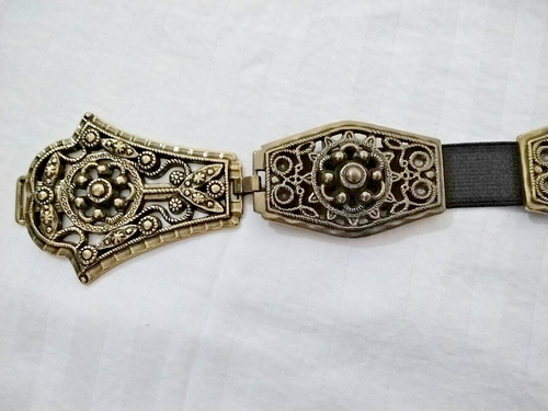 Cinturón Metálico Vintage Declaración Ajustable Talla L/XL Elástico Ornamentado Tono Dorado - Imagen 5 de 24