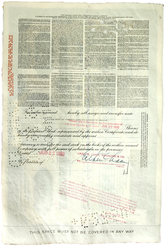 1950 Pennsylvania Salt Manufacturing Stock Certificate, 100 Shares, Carl M. Loeb - Picture 3 of 3