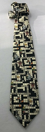 Looney Tunes Mania men's polyester black necktie crossword puzzle & characters - Picture 1 of 7