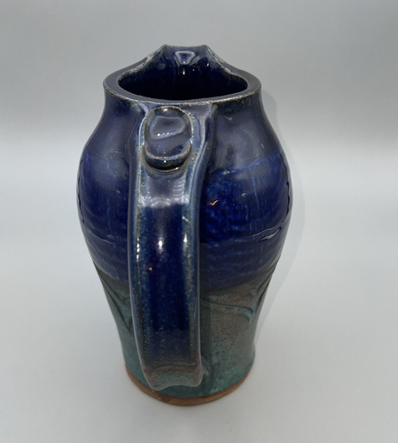 Großer Krug Krug Kunstkeramik Ton Vase mit Daumenauflage blau/grün signiert 8,5" - Bild 4 von 6