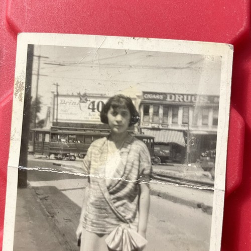 Woman Posing By A Drug Store Photograph 2 7/16 x 3 7/16 Pre Owned Vtg 1920s - Picture 2 of 3