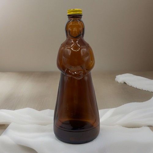 Mrs Butterworth Vintage Brown Amber Glass Yellow Metal Lid Syrup Bottle 10”