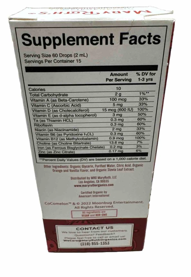 Multivitamínico Mary Ruth's Cocomelon para niños pequeños con gotas de vainilla naranja hierro 1 OZ Foto 2 de 2