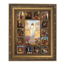 Stations of the Cross Framed Print, Under Glass With Gold Finish Frame, 12.5" H.