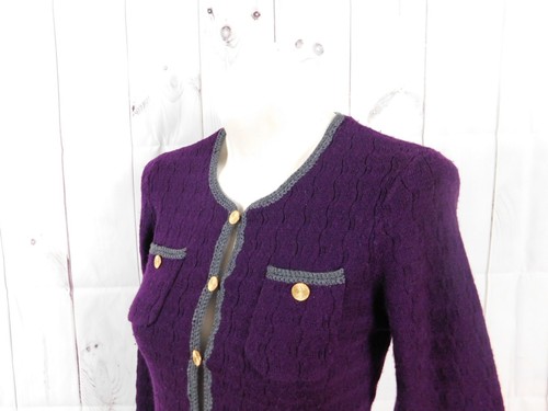 Maglione cardigan Trina Turk viola grigio maglia cavo lana bottoni - S - Foto 3 di 5