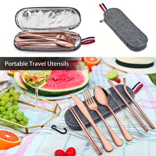 8piece Portable Utensils Set Stainless Steel Copper Travel Silverware Set Reusab - Picture 3 of 7