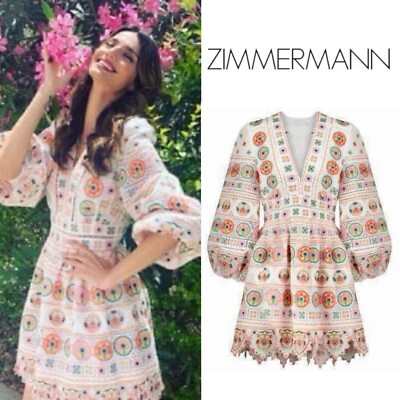 NWOT $1,350 Zimmermann Brighton Plunge Embroidered Floral Mini Dress AU0