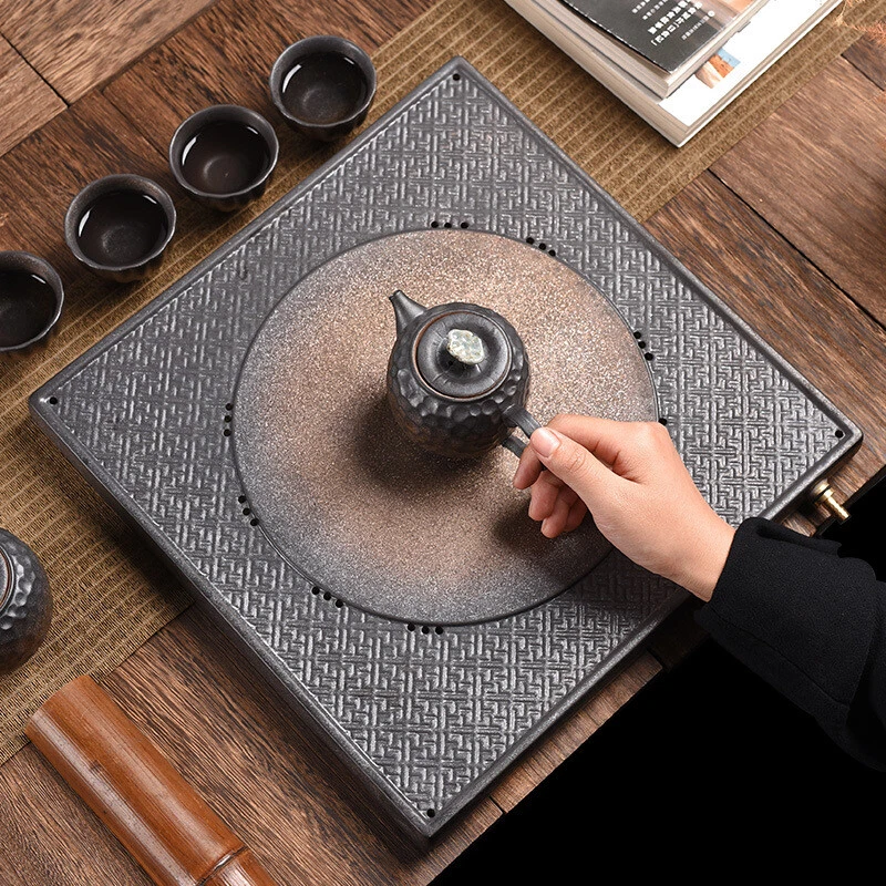 Square Tea Tray Ceramic Serving Tray Antique Style Water Draining Reservoir Tray - Image 4 of 4