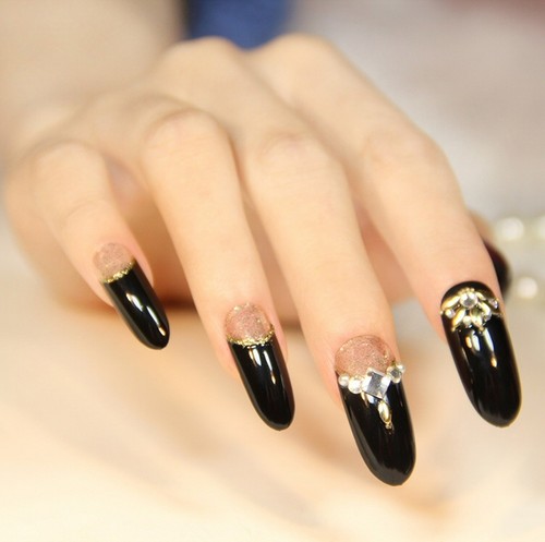 Falsche Nägel OVAL Lang Full Cover Schwarz 3D Nieten French Maniküre Fake OL-518 - Bild 1 von 6