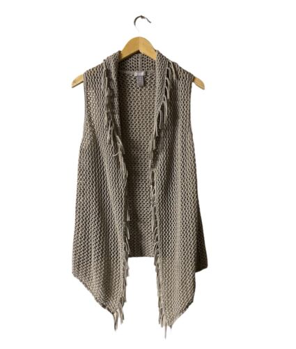 Chico’s Womens tan fringe open crocheted Hi-low vest Bohemian Size-2 -L