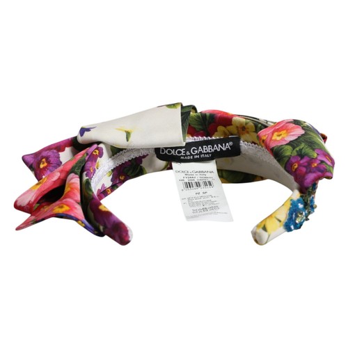 DOLCE & GABBANA Headband White Multicolor Floral Silk Bow Crystal Embellished - Picture 3 of 7