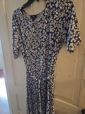 Blue And White Maxi Dress With Tie Belt, Xl , three Silver Hoops In Front,  MSK
