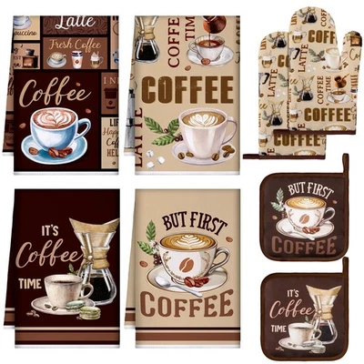 8 Pcs Coffee Kitchen Towels and Dishcloths Sets Oven Mitts and Pot Holders Se... - Image 1 of 4