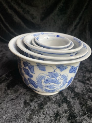 Lotto di 5 vasi da nidificazione cinesi vintage blu e bianco loto :) - Foto 5 di 20