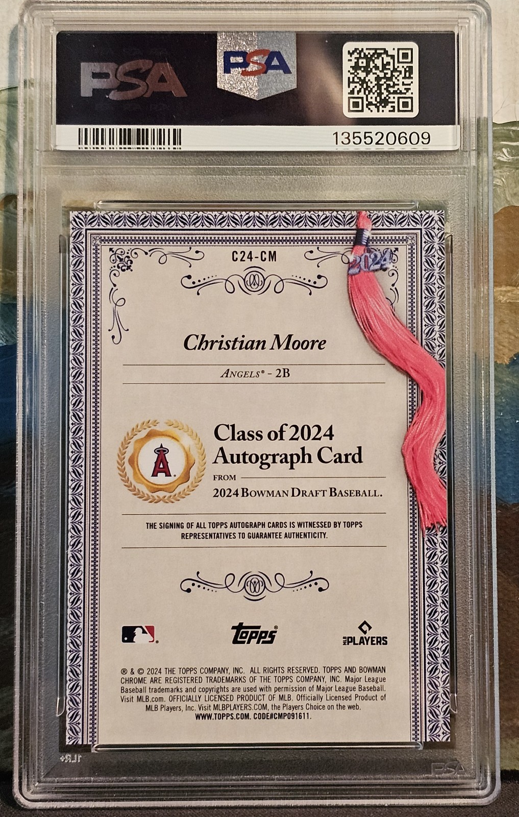 2024 Bowman Draft Christian Moore Class of 2024 Auto Gold Refractor /50 PSA 9 view 2