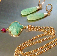 Bijoux Plaqué Or-Amazonite-Rubis-Collier-Chaine 45cm-Pendentif-Dormeuses-Pierre