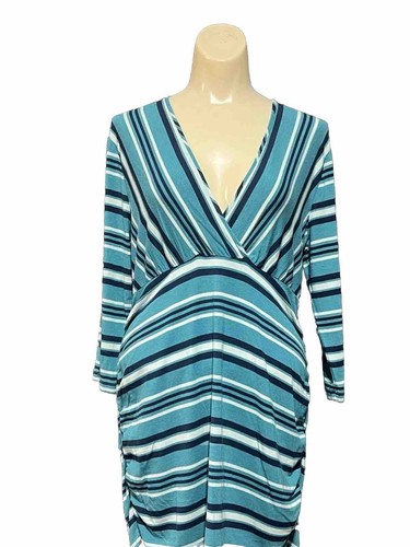 Vestido de Maternidad Verano y Salvia Talla Med Elastizado Manga Larga Rayas Azul y Verde - Imagen 2 de 4