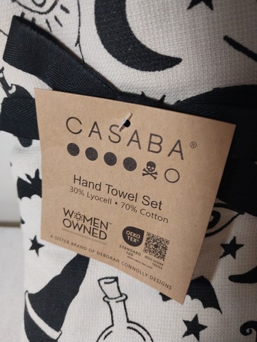 Casaba 2 Hand Towels Cream Black Hats Eyes Bats Pumpkins Moon Magic Halloween - Picture 2 of 6