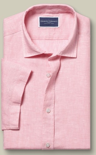 Camisa Charles Tyrwhitt Hombres Rosa Calce Ajustado Lino Puro Talla PEQUEÑA Manga Corta Nueva - Imagen 7 de 11