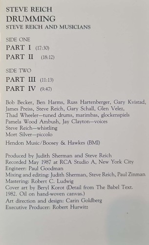 Cassette, Steve Reich, Drumming, 1987 VG+. - Picture 4 of 7