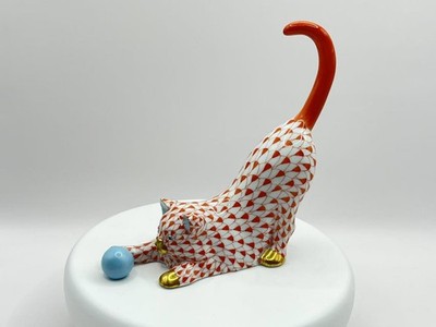 Herend Porzellan Figur Himbeere Orange Netz Katze mit Kugel 5X 5'' Goldrand