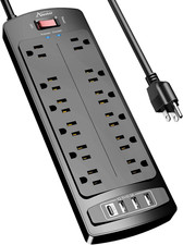 Power Strip, Surge Protector w/12 Outlets and 4 USB Ports, 6 Feet Extension Cor