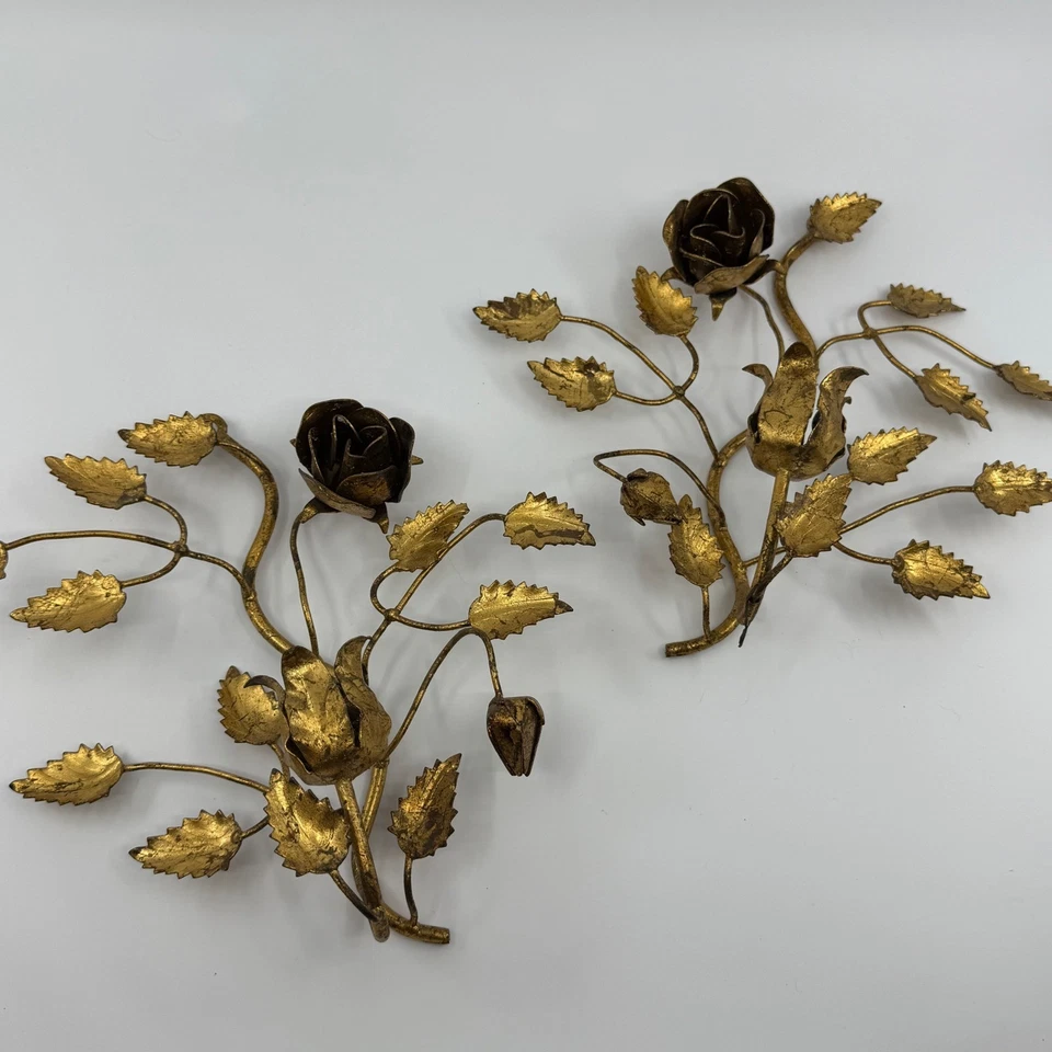 Vintage Italian Gilt Metal Rose Vine Wall Sconces Set of 2 Ornate Floral 9" - Image 3 of 4
