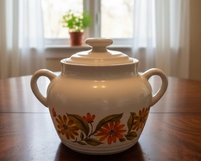 Vintage Capri Bake Serve 'N Store stoneware bean pot with a floral pattern.