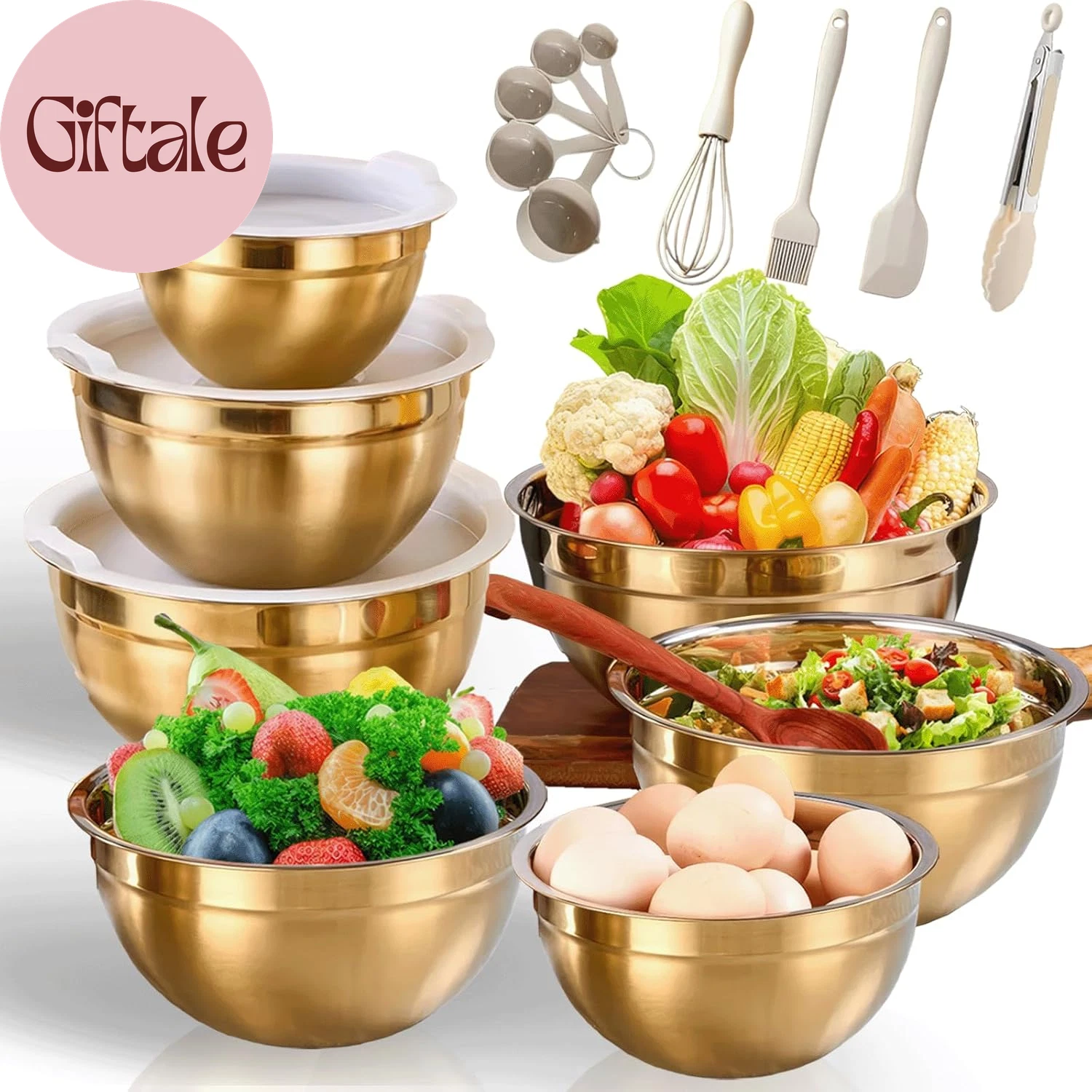 7 Pack Gold Mixing Bowls Set with 5 PCS Kitchen Accessories, Stainless Steel Nes