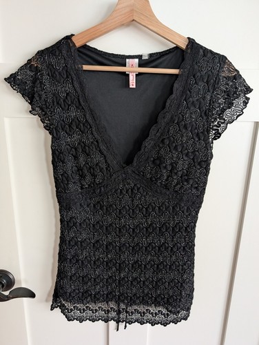 VINTAGE Y2K Black Lace Short Sleeve Top XL Goth Fairy Coquette Witchy Whimsigoth