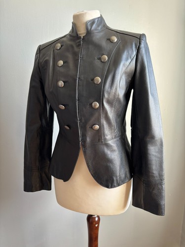 NEXT LEATHER MILITARY JACKET 8 10 petite biker slim fit cavalry steampunk real - Picture 15 of 17