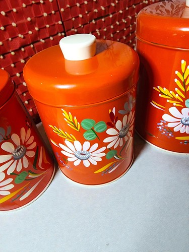 Vintage Ransburg Metal Canister Set Pitcher Orange Floral Poppy 6pc - Picture 4 of 24