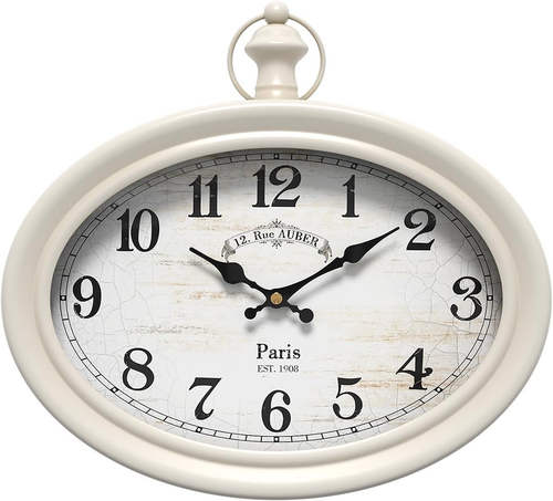 Retro Oval Wall Clock. White Vintage Antique Style. Battery Operated Silent Wall - Picture 1 of 12
