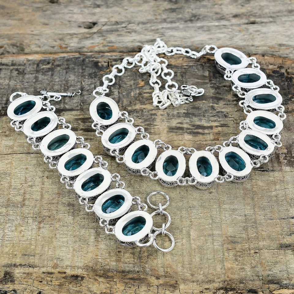 Incredibile Collana Bracciale Set In Argento Sterling 925 Con Gemma Topazio Blu - Immagine 4 di 4