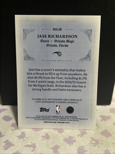 25-26 Topps Signed and Sealed Auto Green Holo Foil Jase Richardson /99 - Bild 3 von 3