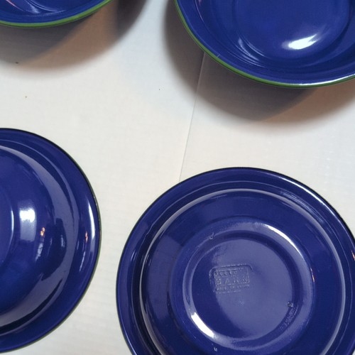Pottery Barn Enamelware 8" bowls blue w/ green Rims Set of 8 Camping RV - Picture 6 of 16