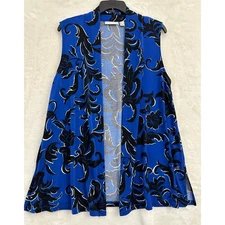 Susan Graver Blue Black Open Sleeveless Top L Flowy Mature
