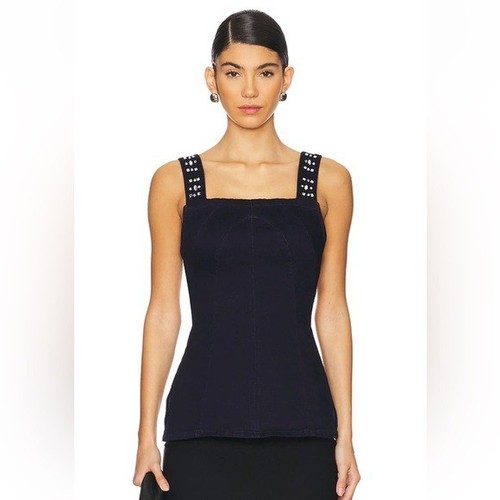 Camiseta sin mangas de mezclilla Free People con diamantes de imitación brillante grande, enjuague oscuro nueva con etiquetas - Imagen 3 de 8