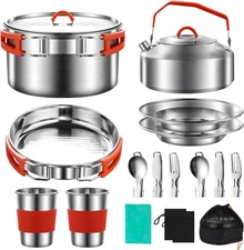304 Stainless Steel Camping Cookware Set - Mess Kit with Pots, Pans, Silver