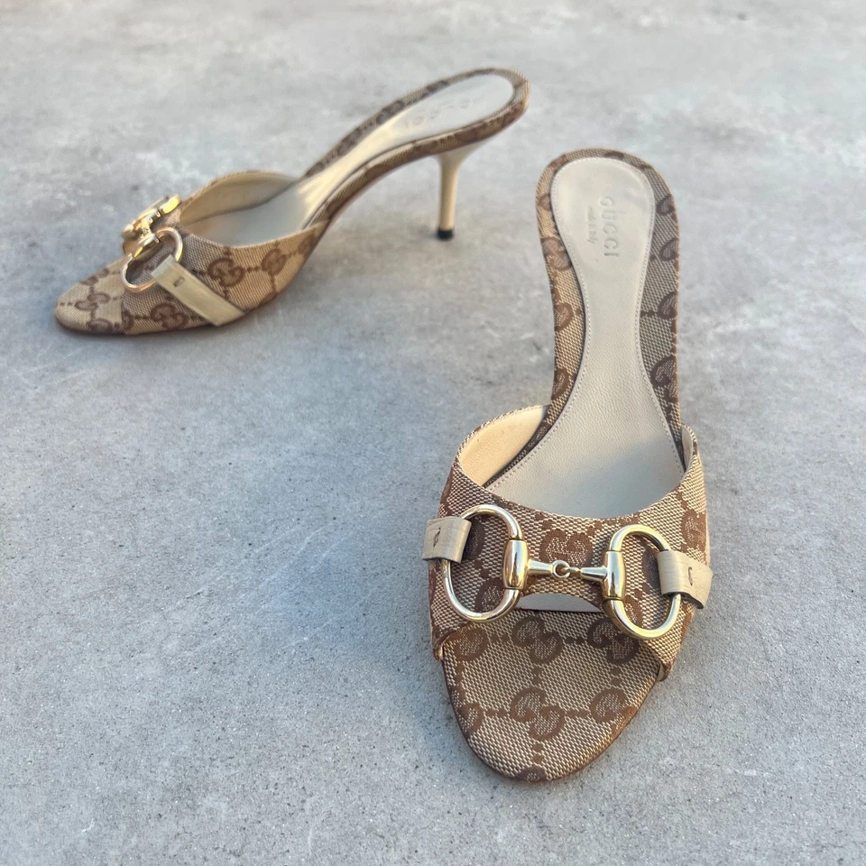 Gucci | Подлинный Vint GG монограмма Horsebit бежевый холст кожаный Stiletto мулы (35) - Изображение 3 из 4