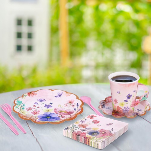 176 Pcs Tea Party Supplies Include Floral Paper Tea Cups and Saucers Disposab... - Picture 7 of 7