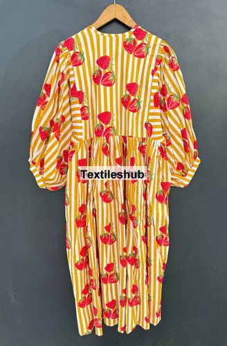 Cotton Yellow Striped Fruit Print Maxi Gown, Deep Neck Dress Women's Clothing US - Picture 5 of 5