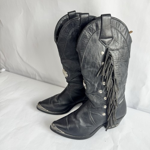 Vintage Harley Davidson Western Boots Womens 6.5 Black Leather Fringe USA - Picture 4 of 17