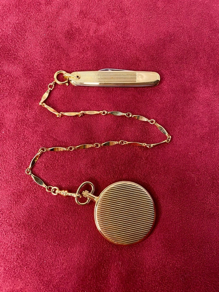 Juego de reloj de bolsillo y cuchillo vintage Colibri of London dorado con cadena - Nuevo en caja Foto 2 de 4